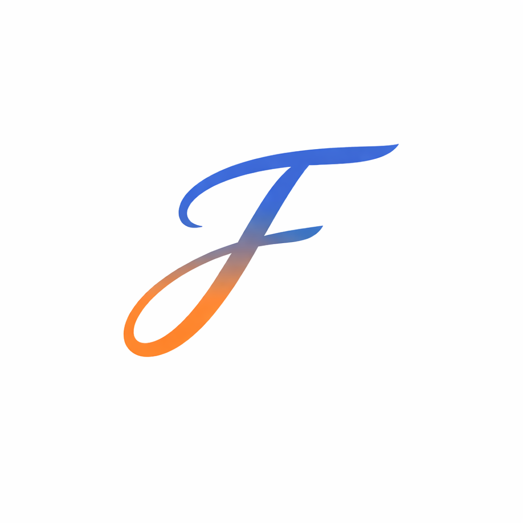 scripted capital f with a gradient orange to blue color